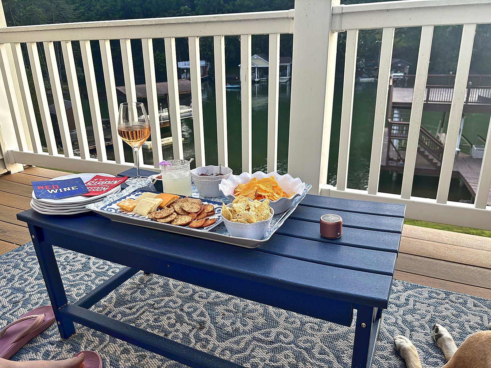 Deck snack table with drinks and appetizers overlooking Smith Mountain Lake at Beaches Be Salty